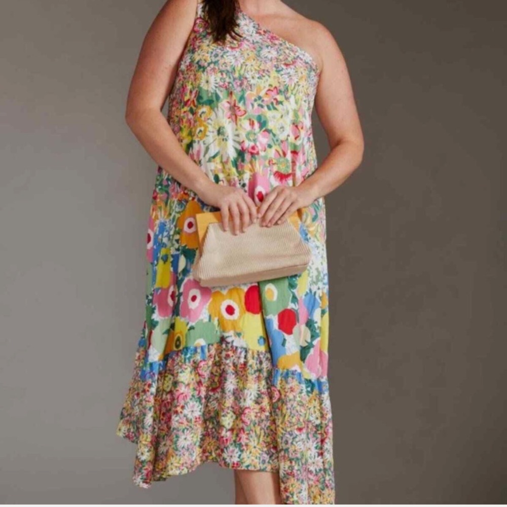Sarah Campbell for Anthropologie One-Shoulder Midi Dress floral with ruffled hem